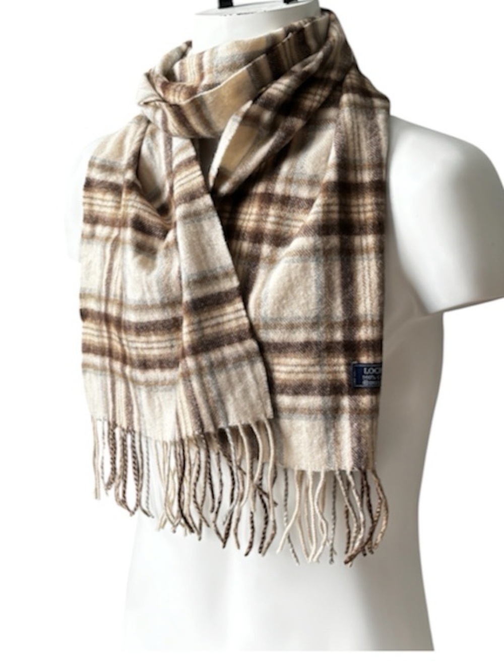 LOCHMERE 100% Cashmere Plaid Fringe Scarf Brown Cream Grey Soft Winter Unisex